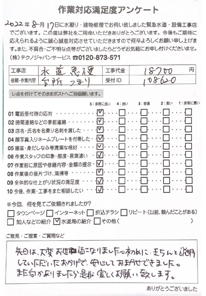 仙台市泉区【キッチン詰まり】の作業事例を紹介！評価コメントもいただきました！の画像